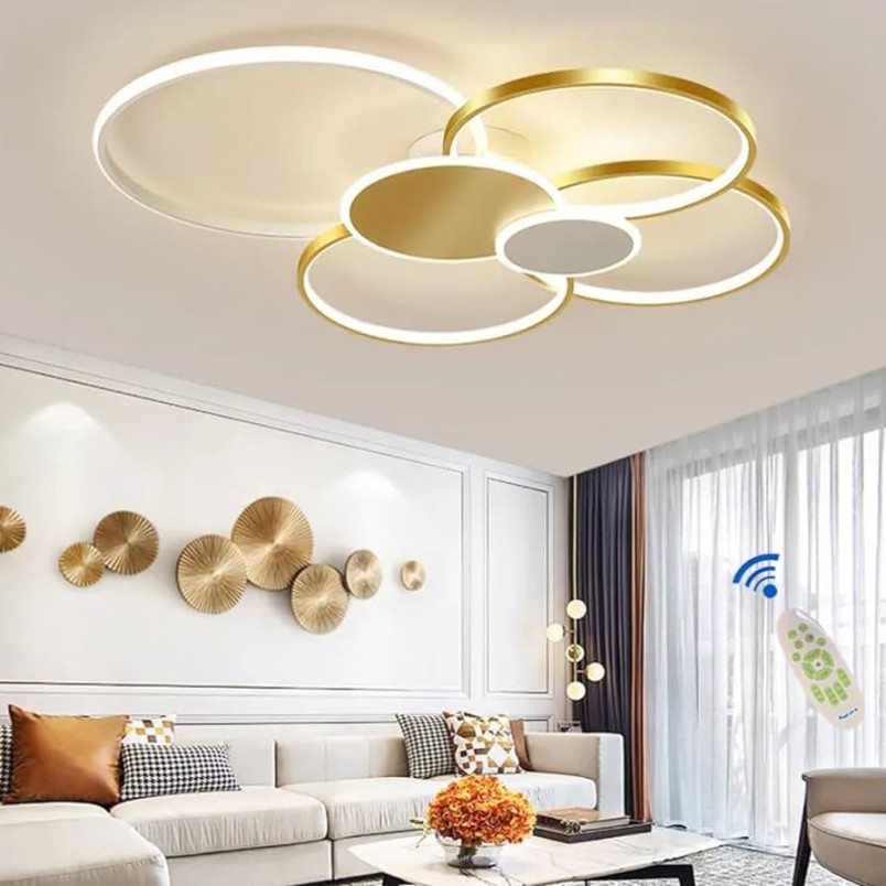 LED Deckenlampe Dimmbar Modern Deckenleuchte Wohnzimmer Gold Deckenlicht  Mit Fernbedienung Kronleuchter Acryl Lampenschirm Einstellbar